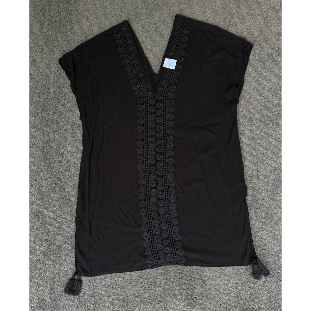 Kona Sol Black Crochet Lace V-Neck Swim Cover Up Tassel Dress Small